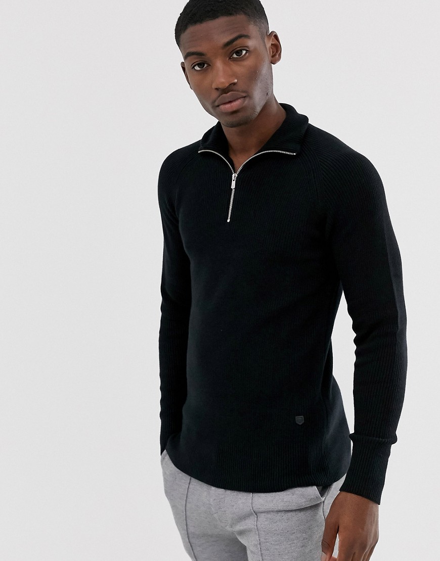 Jack & Jones Premium - Maglione lavorato nero con zip corta