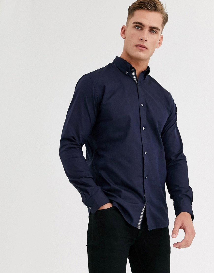Jack & Jones – Premium – marinblå fiskbensmönstrad skjorta med smal passform och button down-krage
