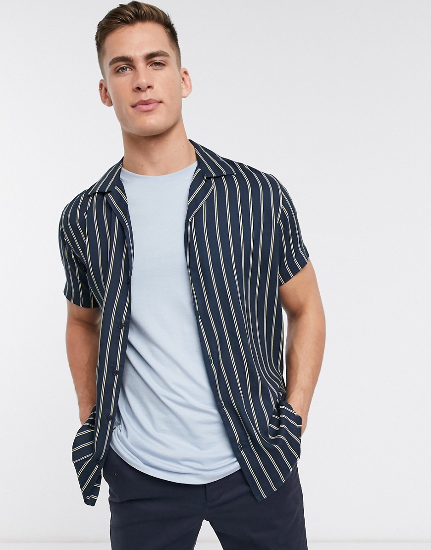Jack & Jones – Premium – Marinblå kortärmad skjorta med platt krage och vertikala ränder