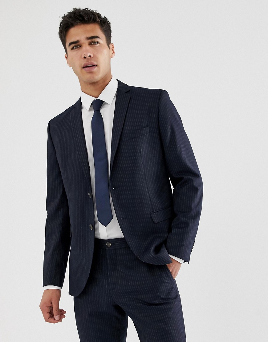 Jack & Jones – Premium – Marinblå kostymjacka i smal passform med kritstrecksränder