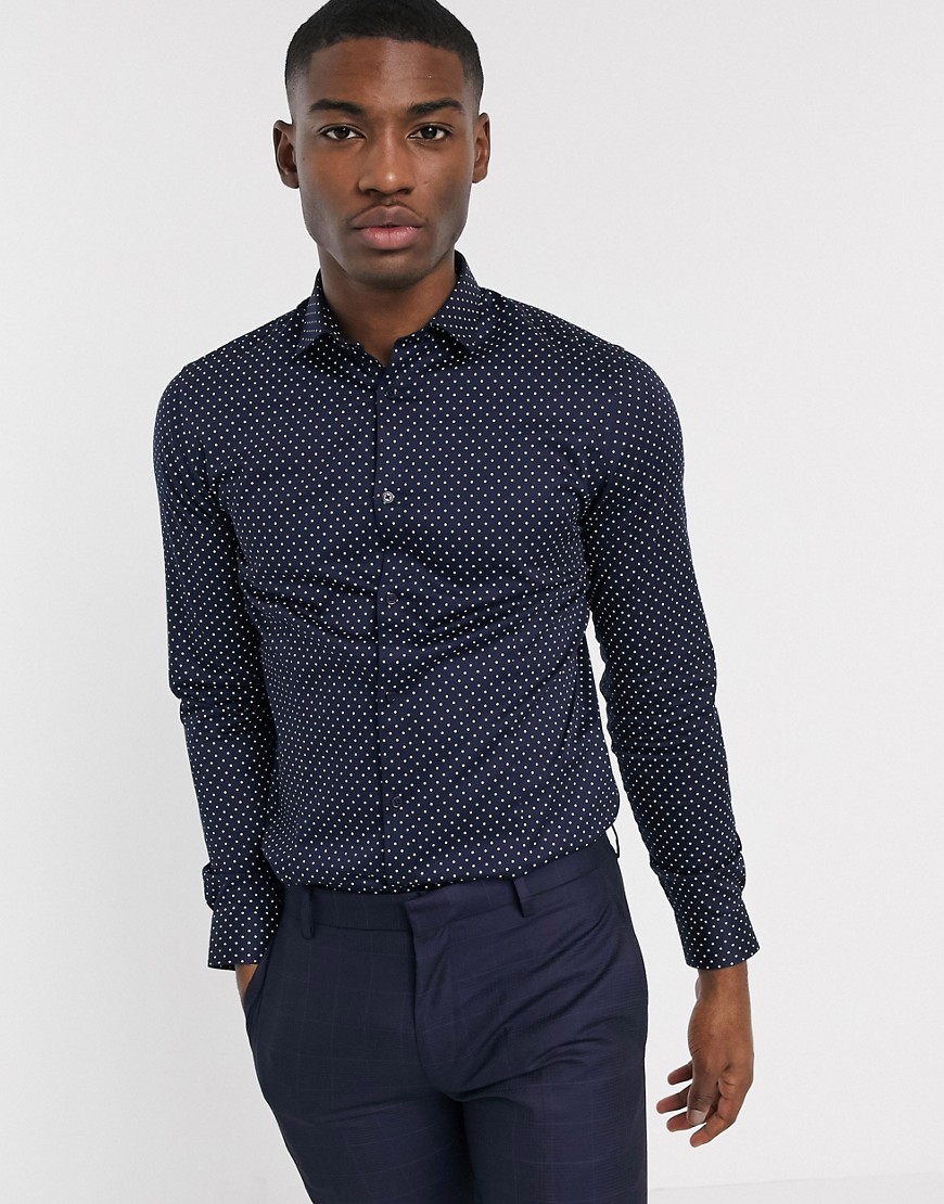 Jack & Jones Premium – Marinblå prickig skjorta med supersmal passform