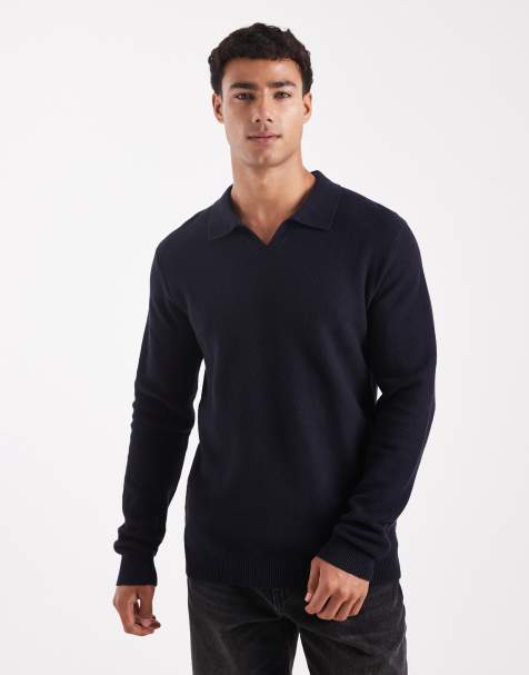 Jack & Jones – Premium – Marinblå stickad pikétröja med lång ärm - view 1