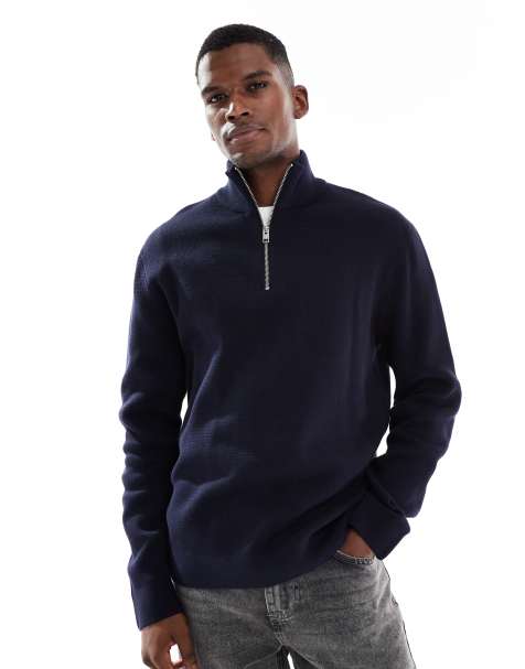 Jack & Jones – Premium – Marinblå, stickad tröja med kvartslång dragkedja - view 1