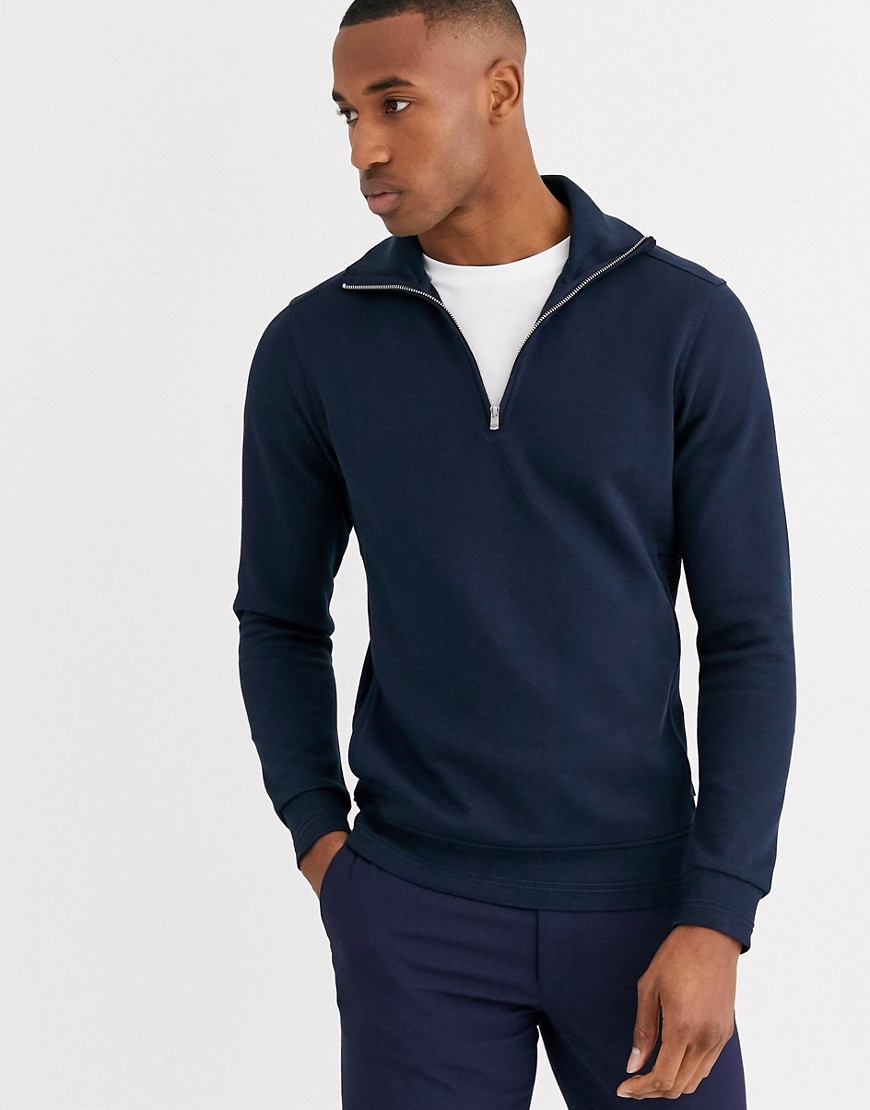 Jack & Jones – Premium – Marinblå sweatshirt med halvlång dragkedja