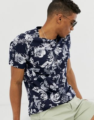 Jack & Jones – Premium – Marinblå t-shirt med heltäckande tropiskt mönster