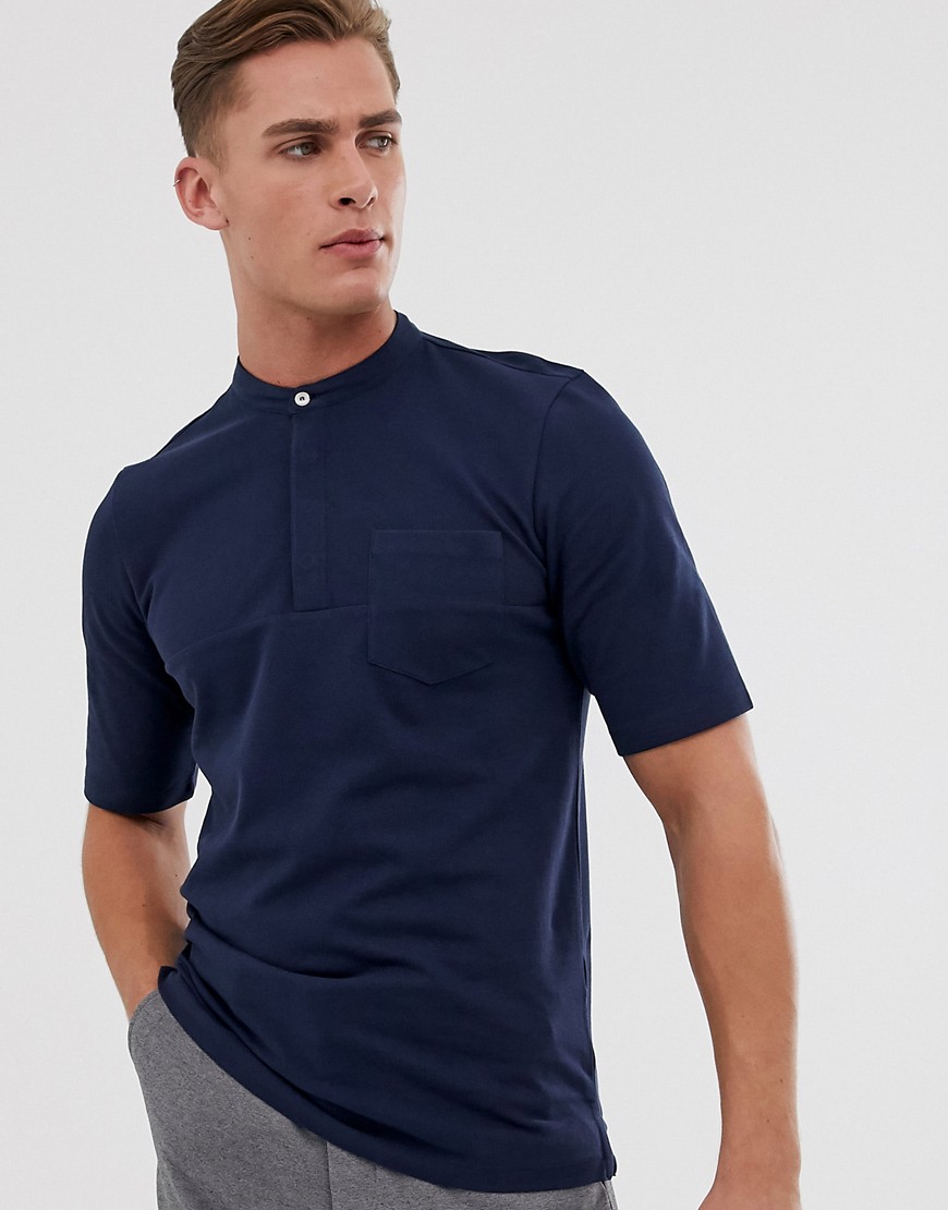 Jack & Jones – Premium – Marinblå t-shirt med murarkrage