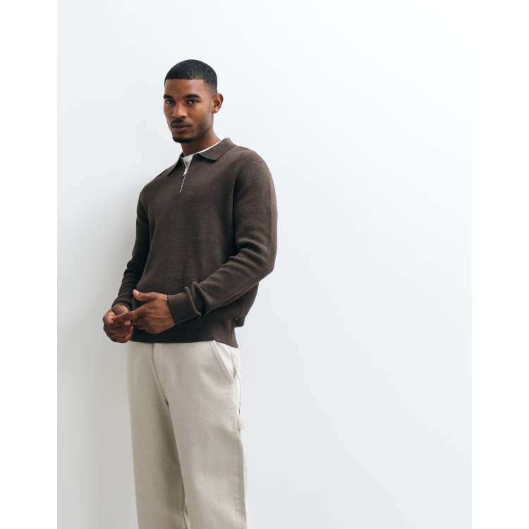 Jack & Jones premium milano stitch half zip sweater in brown | ASOS