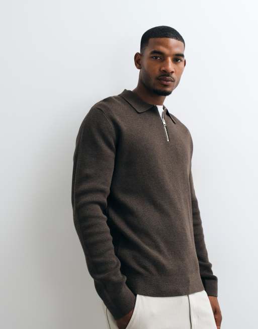 Jack & Jones premium milano stitch half zip sweater in brown, 2 of 5