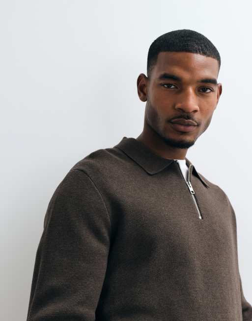 Jack & Jones premium milano stitch half zip sweater in brown, 5 of 5