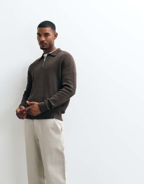 Jack & Jones premium Milano-striktrøje med halv lynlås i brun - view 1