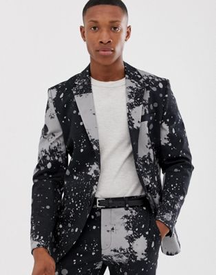 Jack & Jones – Premium – Mönstrad kostymjacka med smal passform och blekt effekt-Svart