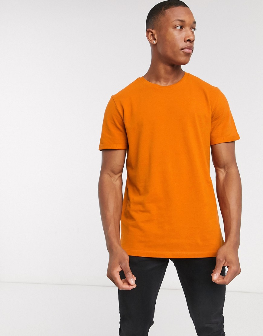 Jack & Jones – Premium – Orange t-shirt i pikétyg med upprullad ärm och smal passform