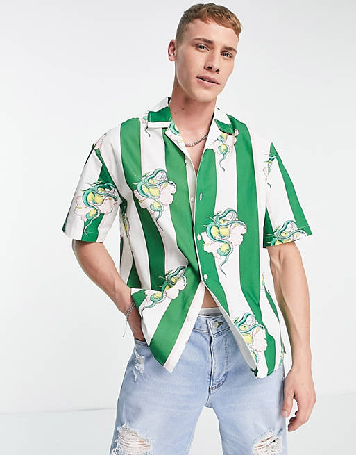 Jack & Jones Premium - Overhemd met reverskraag en groene strepen met slangenprint