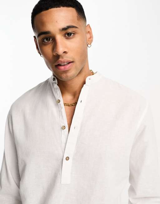 Jack & Jones Premium - Overhemd van linnenmix met halve knoopbies in wit , 3 van 4