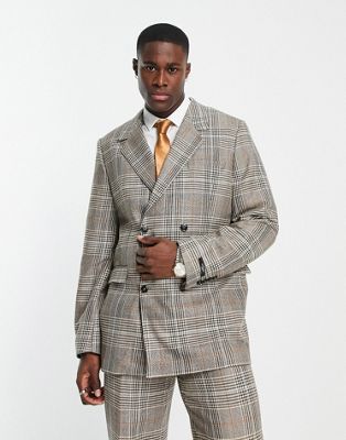 Jack & Jones Premium Oversized Double Breasted Suit Jacket In Check-brown