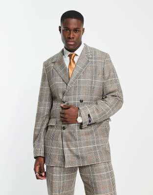 Jack & Jones Premium oversized double breasted suit jacket in check-Brown