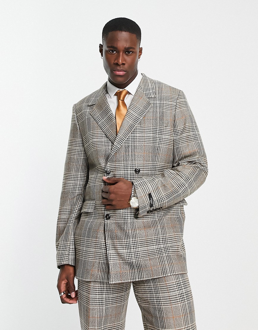 Jack & Jones Premium oversized double breasted suit jacket in check-Brown