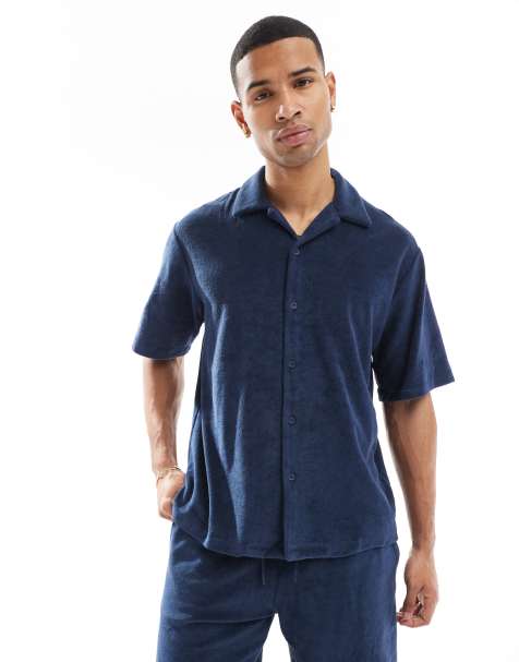 Jack & Jones Premium - Oversized overhemd van co-ord set van badstof in marineblauw - view 1