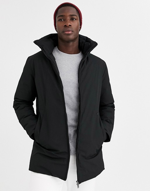 Jack & Jones Premium padded long line jacket with concealed hood in black