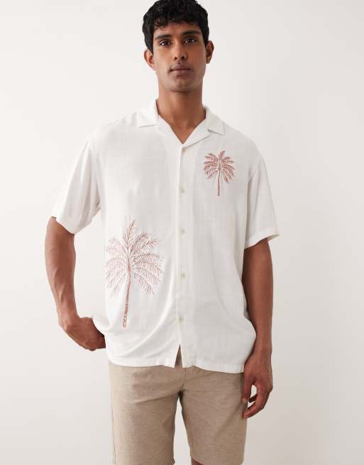 Jack & Jones Premium palm tree embroidered short sleeve shirt in white, 3 of 5