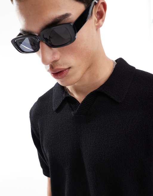 Jack & Jones Premium - Polo in bouclé testurizzata nera con apertura sullo scollo, 2 di 4