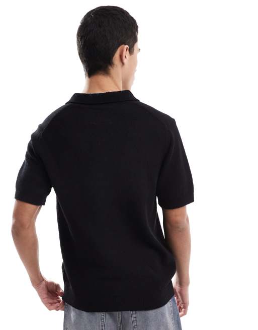 Jack & Jones Premium - Polo in bouclé testurizzata nera con apertura sullo scollo, 4 di 4