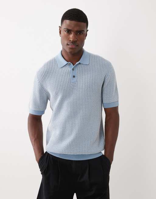Jack & Jones Premium - Polo in maglia azzurra con stampa , 2 di 5