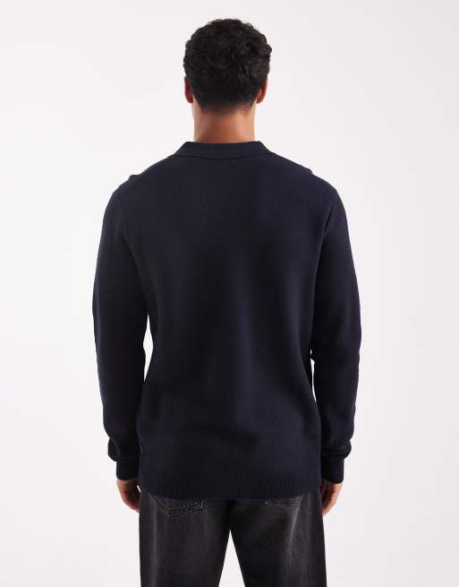 Jack & Jones Premium - Polo in maglia blu navy a maniche lunghe, 3 di 5