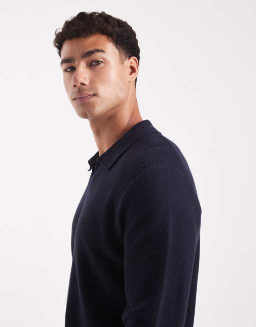 Jack & Jones Premium - Polo in maglia blu navy a maniche lunghe, 4 di 5