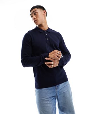 Jack & Jones Premium knitted long sleeve polo in navy  - ASOS Price Checker