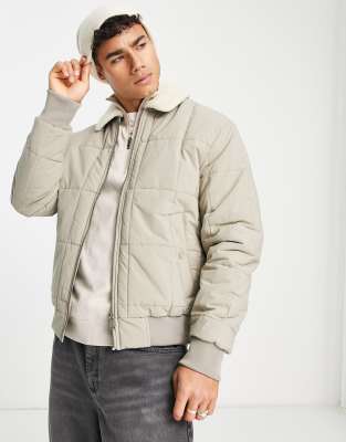 Jack & Jones Premium Quilted Bomber Jacket With Borg Collar In Beige-neutral