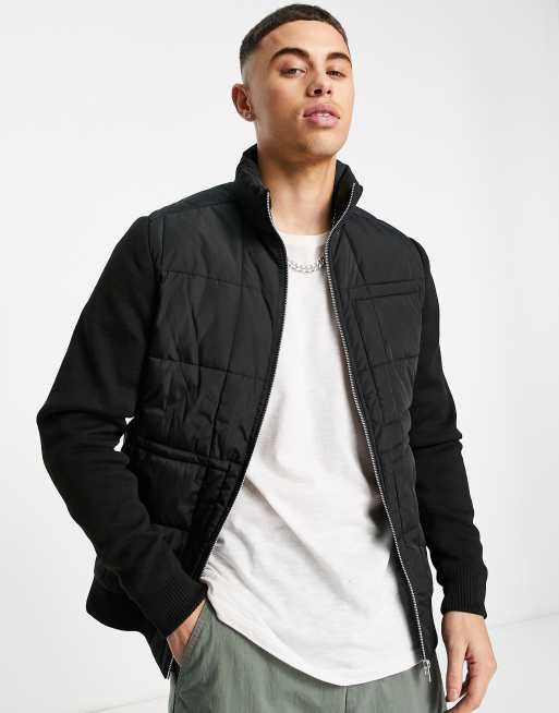 Jack & Jones Premium quilted jacket with knitted sleeves in black | ASOS