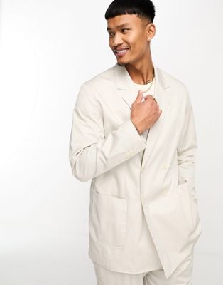 Jack & Jones Premium relaxed fit double breasted suit jacket in cream