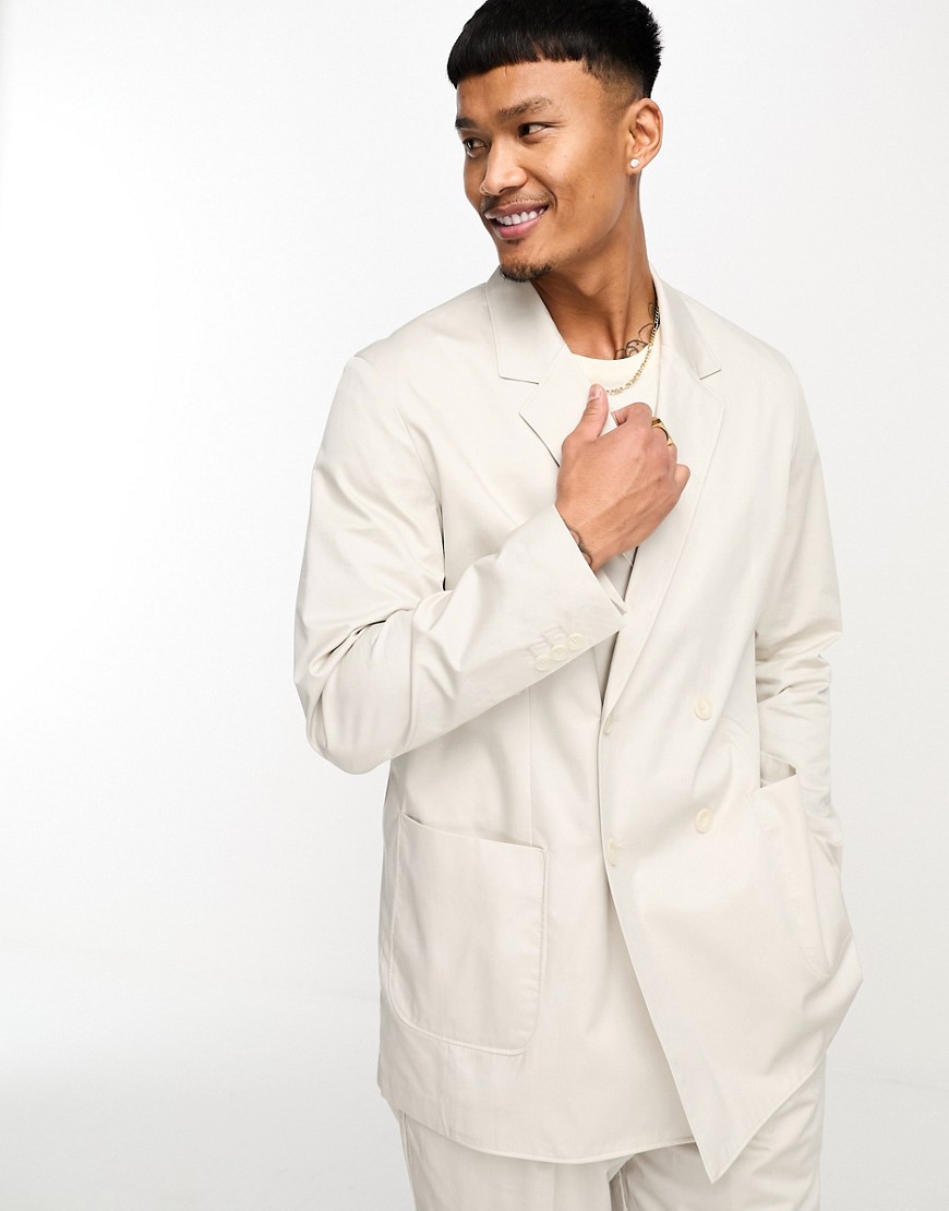 Jack & Jones Premium Relaxed Fit Double Breasted Suit Jacket In Cream-neutral