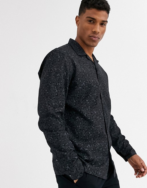 Jack & Jones Premium revere collar leopard print shirt in black