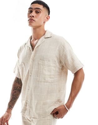 Jack & Jones Premium Revere Collar Linen Mix Shirt In Beige Check - Part Of A Set-neutral