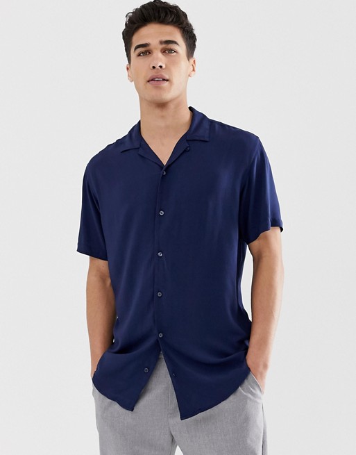 Jack & Jones Premium revere collar plain smart shirt in navy | ASOS