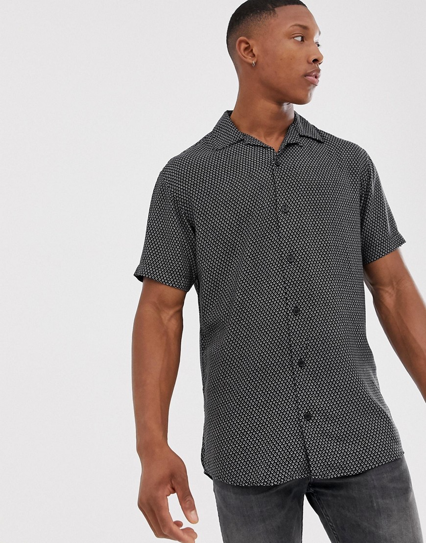 Jack & Jones Premium revere collar short sleeve printed shirt in black