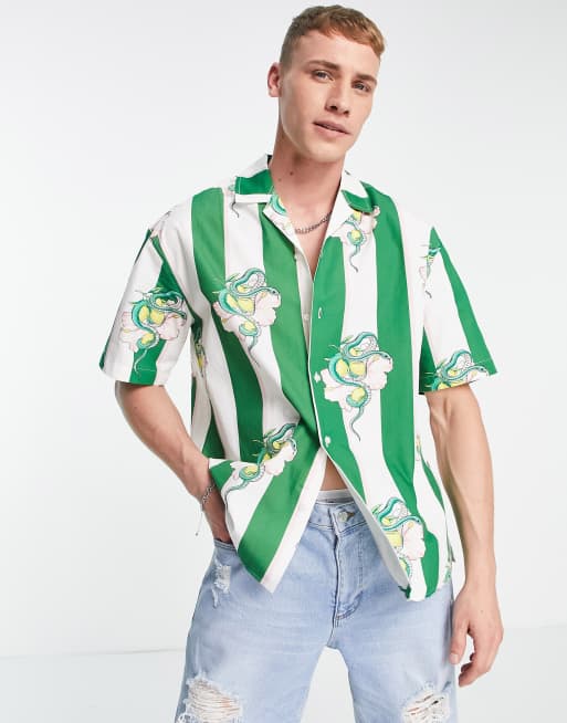 Jack & Jones Premium revere shirt in green stripe with snake print