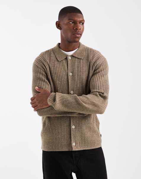 Jack & Jones Premium ribbed cardigan with collar in beige