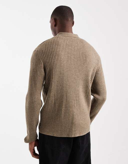 Jack & Jones Premium ribbed cardigan with collar in beige, 3 of 5