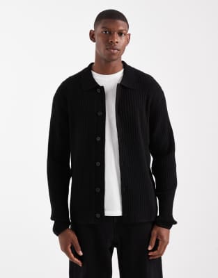 Jack & Jones Premium Ribbed Cardigan With Collar In Black