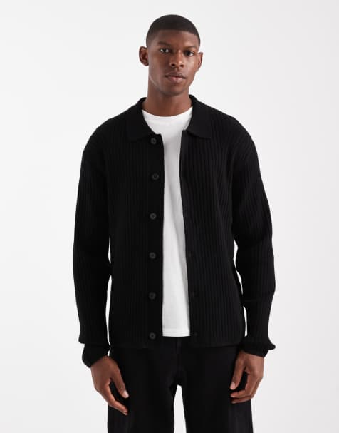Jack & Jones Premium ribbed cardigan with collar in black