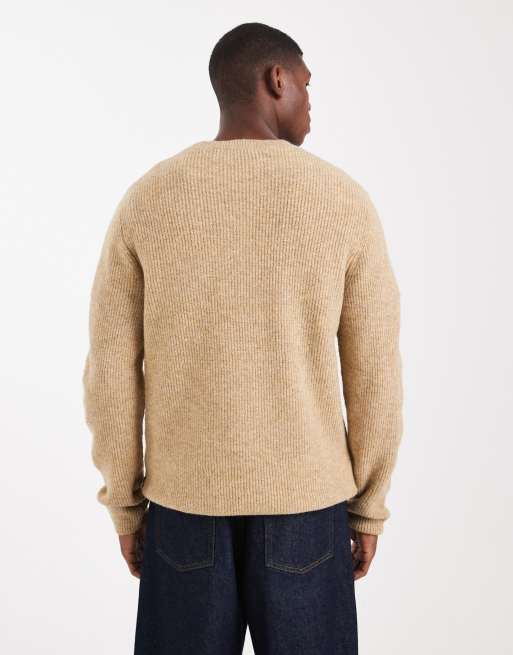トップス Fluffy loose knit beige Jack & Jones premium ribbed fluffy sweater in beige | ASOS