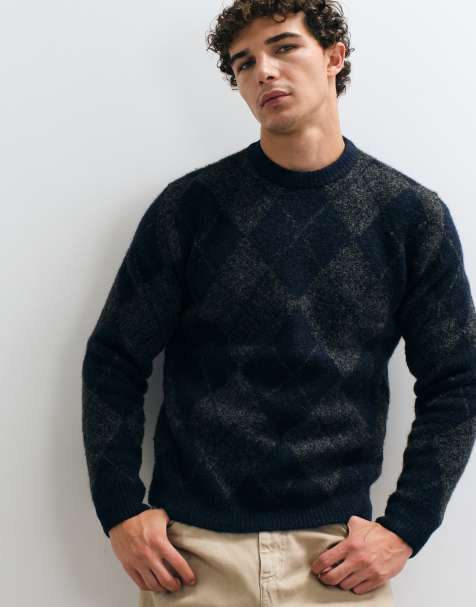 Jack & Jones premium ribbed knit argyle sweater in navy - view 1
