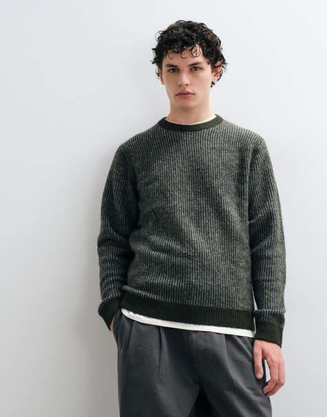 Jack & Jones premium ribbed knit sweater in dark green stripe - view 1
