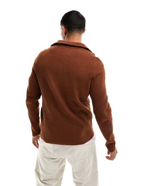 Jack & Jones Premium - Ribstrikket og brun trøje med halv lynlås, 2 af 4