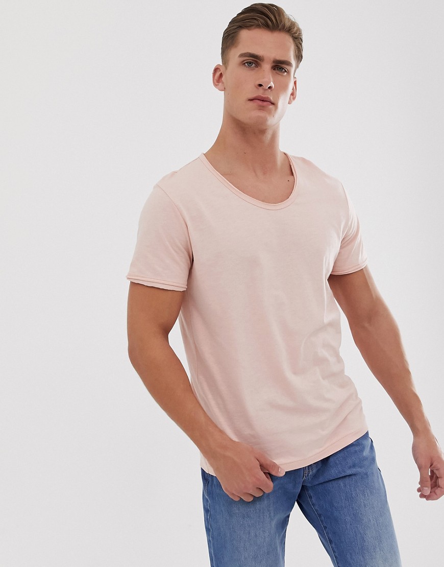 Jack & Jones – Premium – Rosa t-shirt med djup halsringning