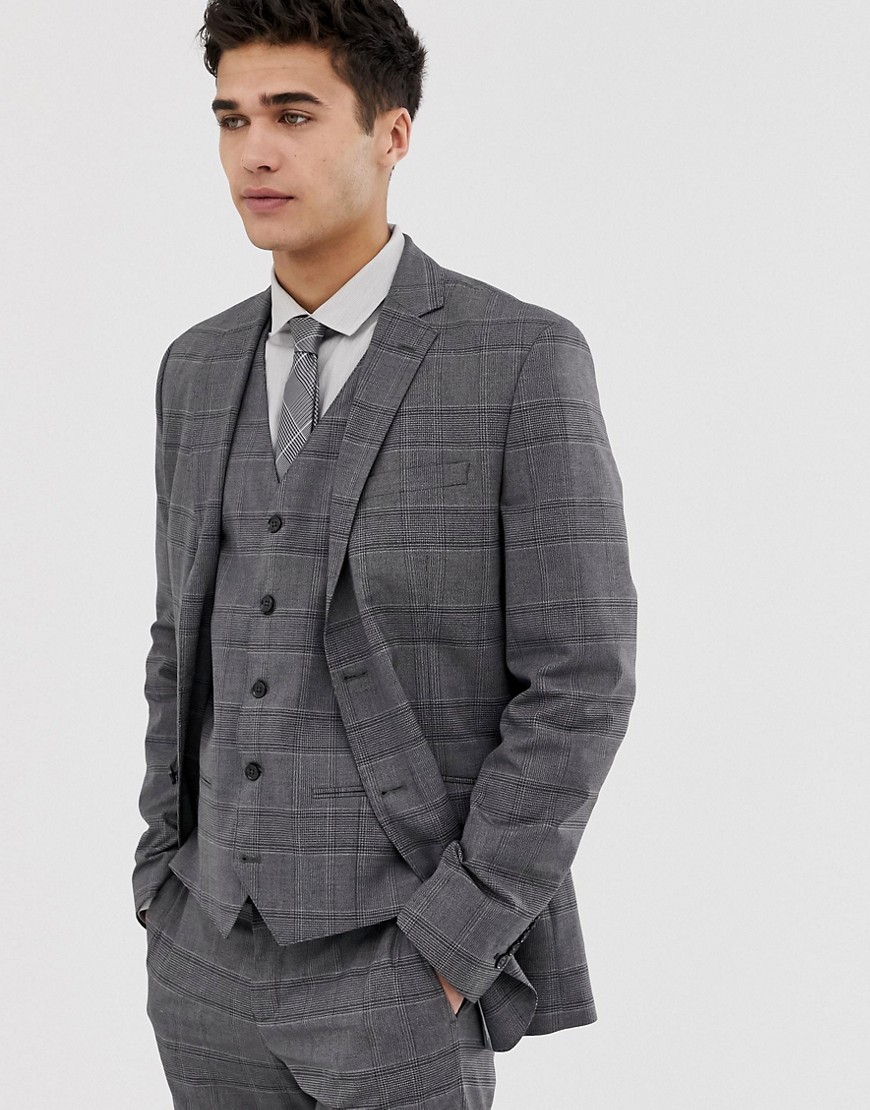 Jack & Jones – Premium – Rutig dubbelknäppt kostymjacka för bröllop med smal passform-Grå