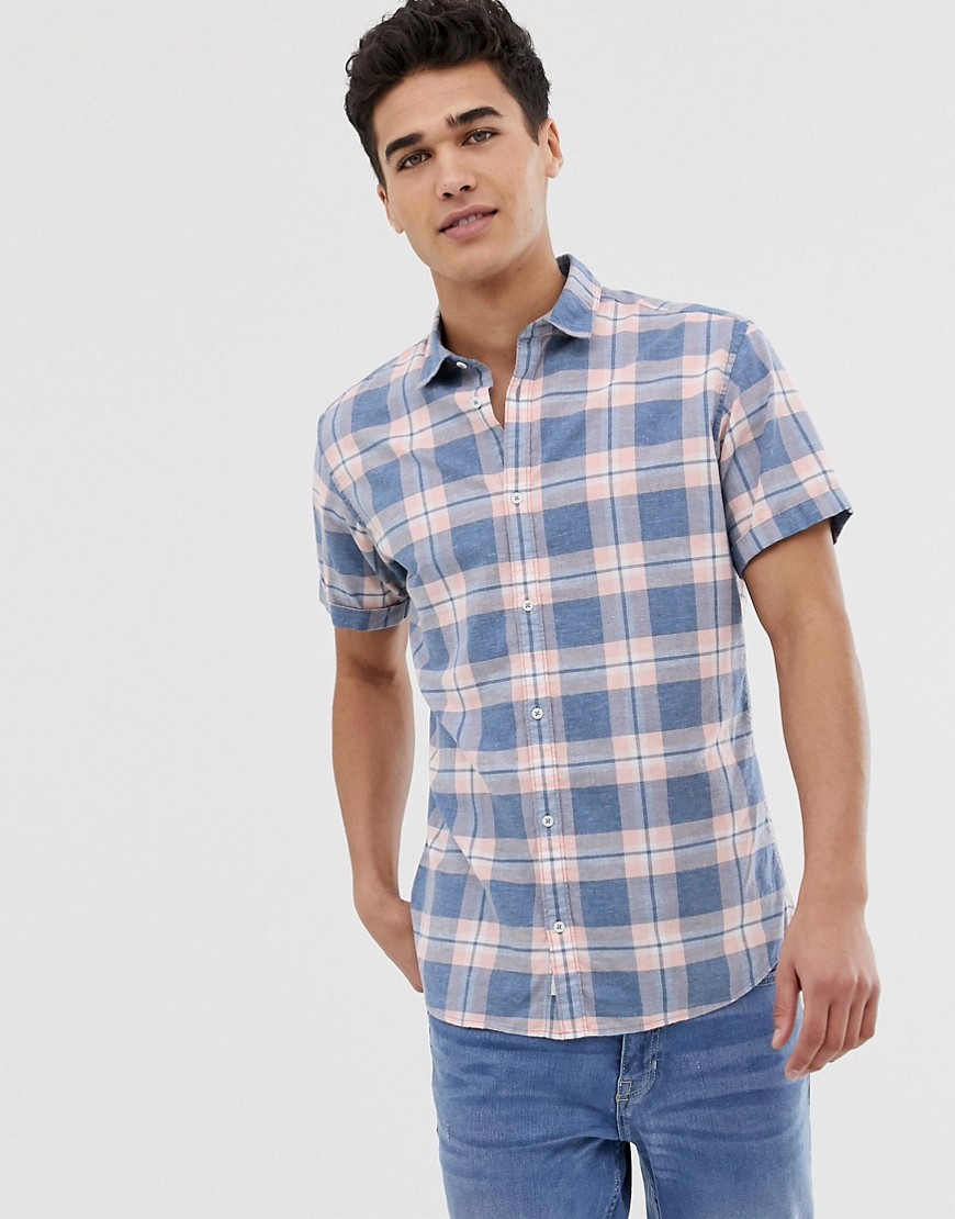 Jack & Jones – Premium – Rutig skjorta i linneblandning med smal passform-Rosa